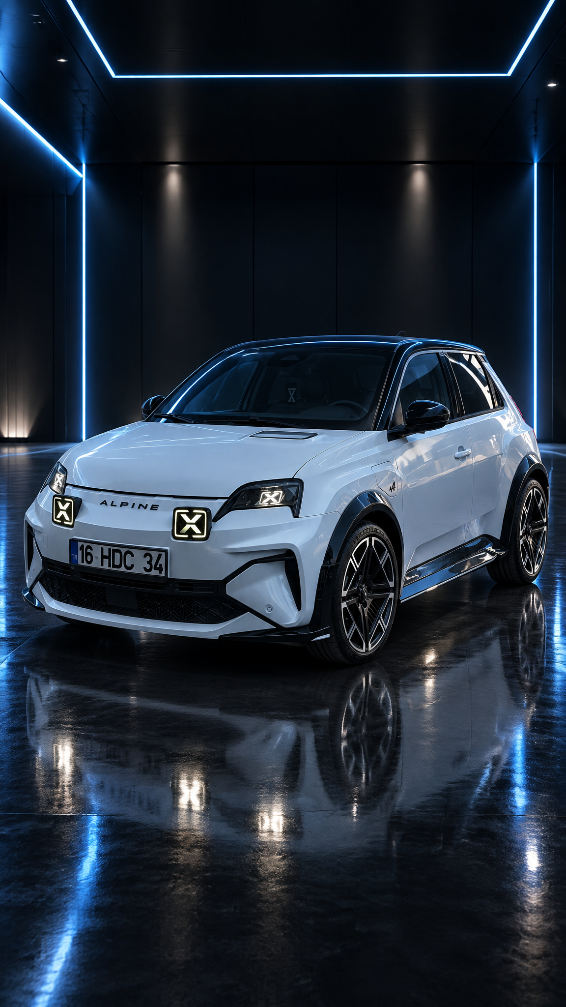 HDC plakalı beyaz Alpine A290, mavi ışıklı stüdyo